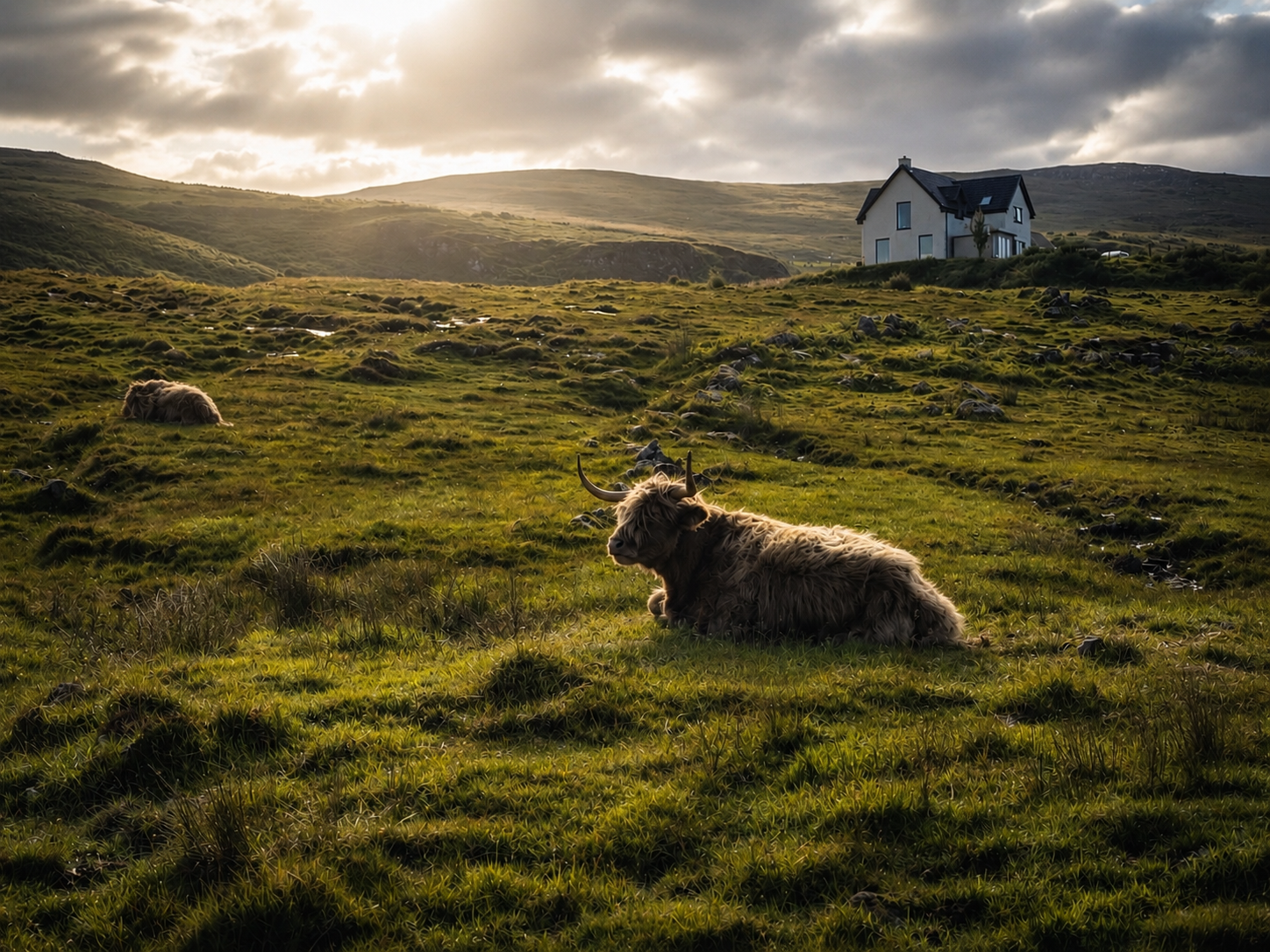 Vaca Highland descansando en una pradera de la isla de Skye